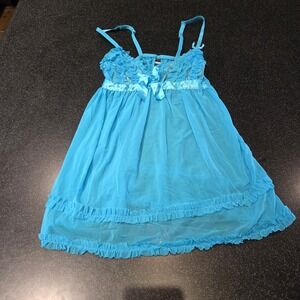 Passion Forever Blue Babydoll Lingerie Women's Small Sheer‎ Mesh Lace Bow Trim